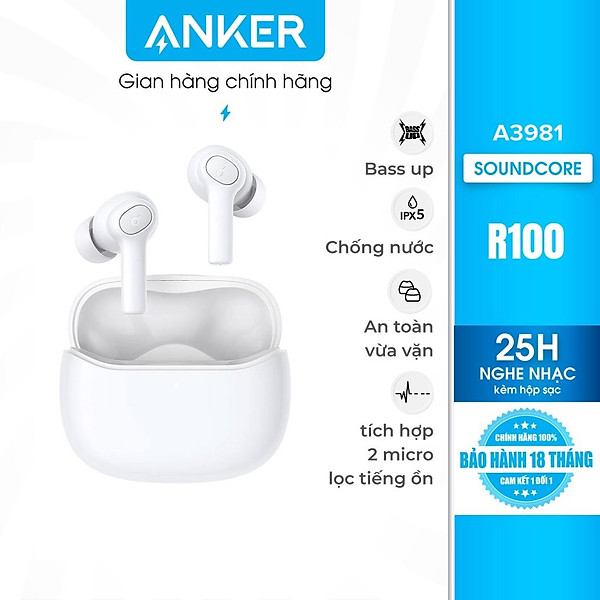 Tai Nghe Bluetooth SOUNDCORE (by AN KER) R100 True Wireless, 25 Giờ Nghe Nhạc, Chống Nước IPX5, Tích Hợp 2 Mic, Công Nghệ BassUp, Sạc Nhanh - AN KER A3981