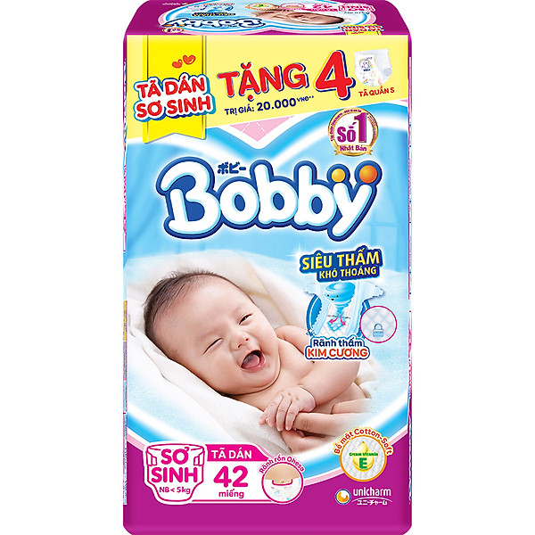 Tã Dán Bobby Sơ Sinh 42 (42 Miếng Size Xs) + 4 Miếng Tã Quần S