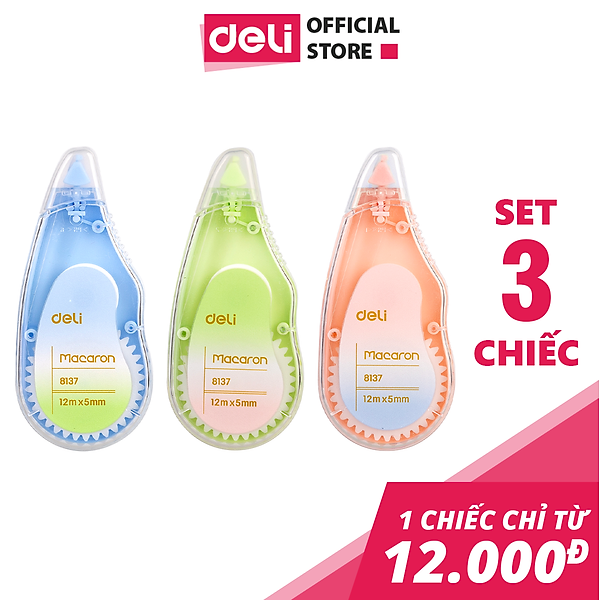 Băng xóa bút xóa kéo 12m Deli - Hình trái cây - Hồng/Xanh lá/Xanh dương - Set 3 chiếc - EH333