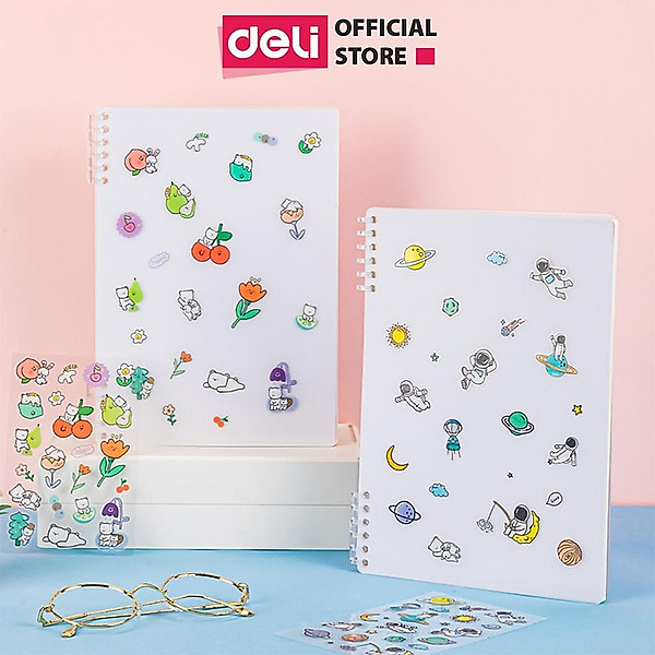 Sổ Tay Lò Xo Gáy Xoắn Kẻ Ngang 100 Trang A5/B5 Bìa Nhựa Có Kèm Sticker Trang Trí Deli - Phù Hợp Làm Sổ Kế Hoạch Planner, Nhật Kí, Tập Vở Ghi Chép Bullet Journal - 24507 24508 EN206 24505 24506