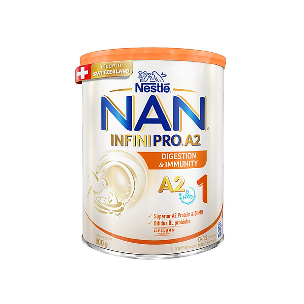 Sữa bột Nestlé NAN INFINIPRO A2 1 cho trẻ từ 0-12 tháng tuổi hộp 800g nhập khẩu nguyên lon từ Thụy Sỹ