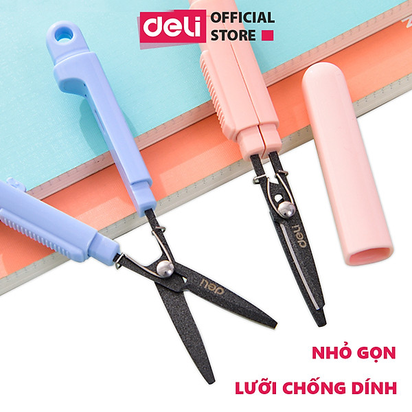 Kéo mini tiện lợi 105mm Deli - Có khóa an toàn - Xanh/ Hồng - 77761