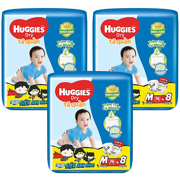 Combo 3 Tã Quần Huggies Dry Tràm Trà Tự Nhiên Gói Cực Đại + Tặng 8 miếng - Phiên bản Siêu Anh Hùng