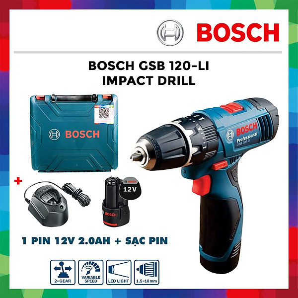 Máy khoan pin Bosch GSB 120-li (1 pin 12v 2ah + 1 sạc + bộ mũi khoan )