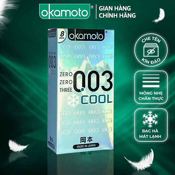 Bao Cao Su Okamoto 0.03 Cool Siêu mỏng Bóng Láng Mát lạnh Hộp 8 Cái