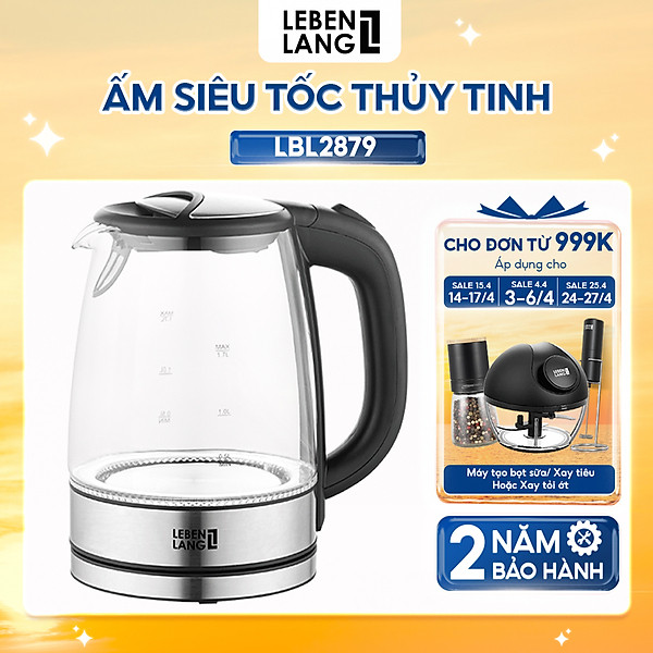 Ấm siêu tốc LEBENLANG LBL2879 bằng thủy tinh chịu nhiệt, dung tích 1700ml, công suất 2200W, bảo hành 2 năm - hàng chính hãng