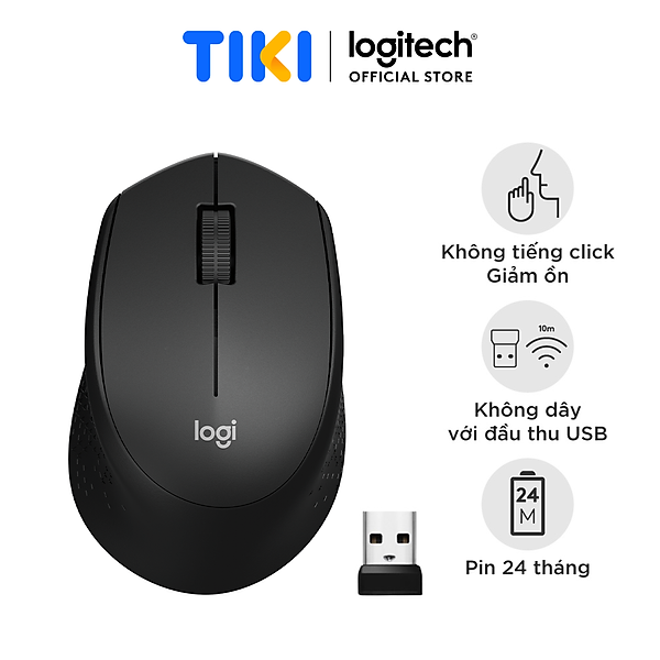 Chuột không dây Logitech M330 Silent Plus giảm ồn 90% - USB 2.4GHz, pin 2 năm, phù hợp người thuận tay phải, PC/ Laptop - Hàng chính hãng - Màu Đen