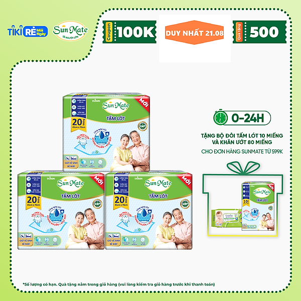 Combo 3 Tấm lót SunMate cải tiến mới 20 miếng/gói size M (45 x 70cm)