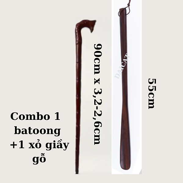 Combo Batoong chống trượt cho người già -đầu rồng-gỗ xà cừ tự nhiên Cây xỏ giầy gỗ muồng đên 55cm