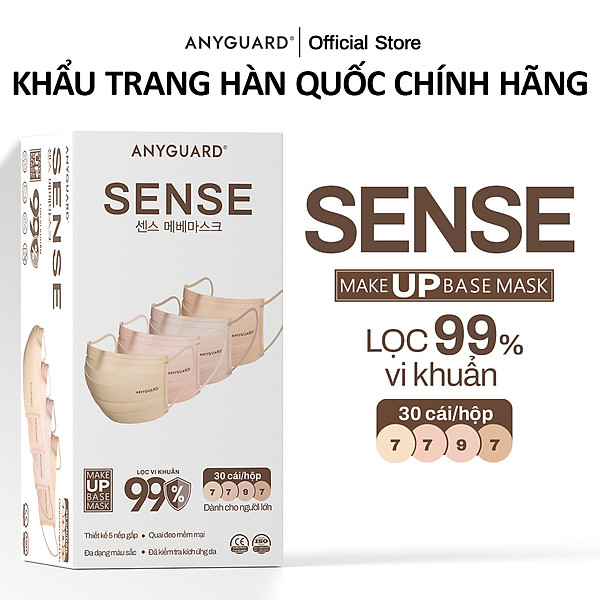 Hộp Khẩu Trang Y Tế ANYGUARD SENSE MAKE UP BASE Lọc 99% Vi Khuẩn, Màu Sắc Trendy, An Toàn Da Nhạy Cảm Dành Cho Người Lớn (Hộp 30 Chiếc/ Màu Kem, Be, Hồng, Hồng Cam Đất)