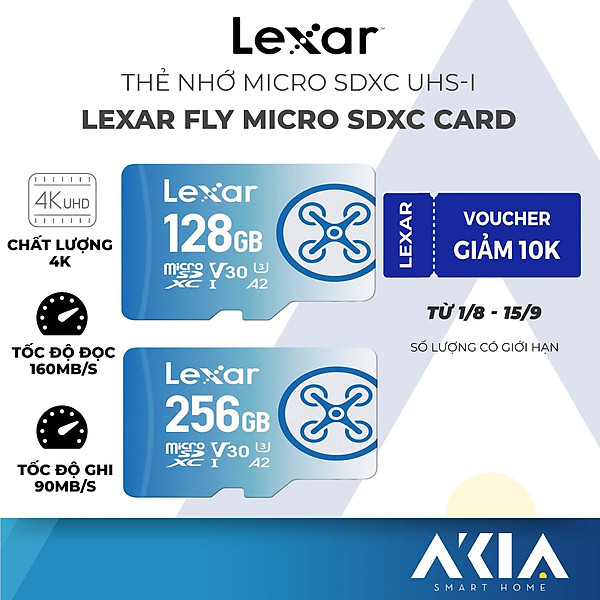 Thẻ nhớ micro SDXC 64GB/ 128GB/ 256GB Lexar FLY, chuyên dụng cho Flycam, lưu video 4K, tốc độ đọc 160MB/s, tốc độ ghi 90MB/s, BH 5 năm - Hàng chính hãng