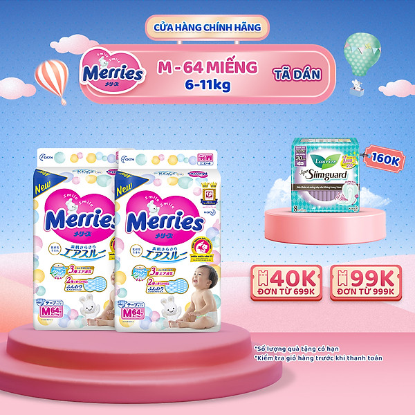 Combo 2 Tã/BỉM Dán Merries Size M – 64 Miếng (Cho Bé 6 – 11Kg)