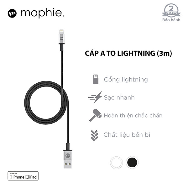 Cáp light ning Mophie 3m - Hàng Chính Hãng