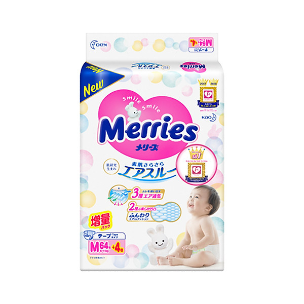 Tã/Bỉm Dán Merries Size M – 64 + 4 Miếng (Cho Bé 6 – 11Kg)