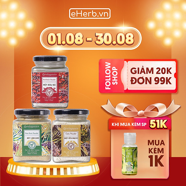 Combo 3 Bột Hũ Milaganics Dưỡng Da: Cám Gạo (90g) + Yến Mạch (90g) + Đậu Đỏ (100g)