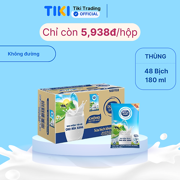 Thùng 48 Bịch Sữa Tiệt Trùng Dutch Lady Cô Gái Hà Lan Không Đường 180ml