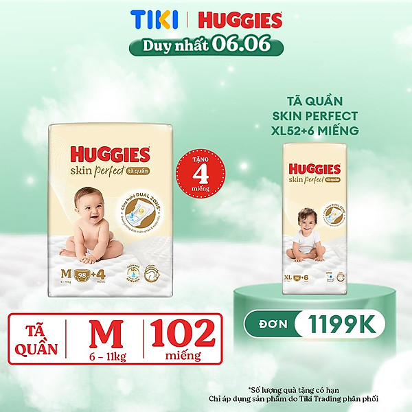 Tã quần Huggies Skin Perfect Mega Jumbo M98+4 với 2 vùng thấm giảm kích ứng da