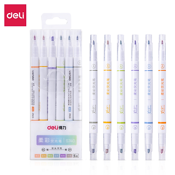 Set 6 Chiếc Bút Highlight Hai Đầu Bút Nhớ Dòng Đánh Dấu Dạ Quang Take Note Ghi Chú Deli - Nét Trơn Mượt, Màu Tươi Sáng - S606 S740
