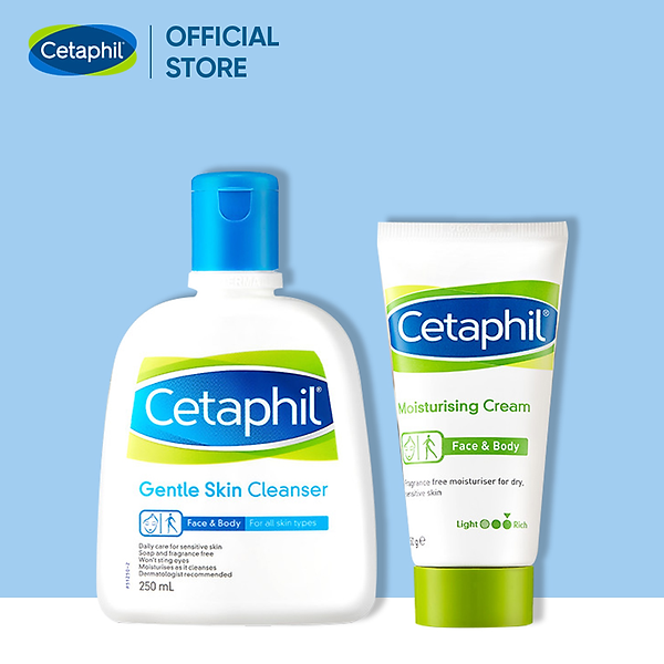 Combo Làm sạch và Dưỡng ẩm cho da nhạy cảm Sữa rửa mặt Cetaphil Gentle Skin Cleanser 250ml + Kem dưỡng ẩm Cetaphil Moisturizing Cream 50g