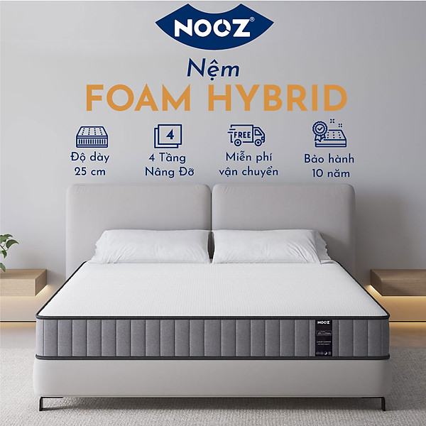 Nệm Foam Hybrid 25cm Nooz Home Goods Tiêu Chuẩn CertiPUR-US Ruột Đệm Lò Xo Túi Độc Lập Kết Hợp Cùng 2 Tầng Cao Su Non (Convulated Foam và High Density Foam)