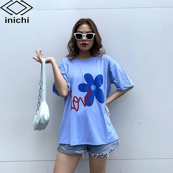 Áo thun unisex INICHI A579 tay lỡ form rộng cá tính in hình Love hoa 5 cánh