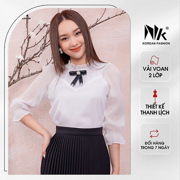 Áo Sơ Mi Nữ Tay Lỡ Công Sở NK Fashion Cổ Bèo Đính Nơ Sang Trọng, Chất Vải Mềm Mịn NKSM2201020