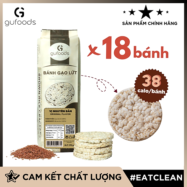 Bánh gạo lứt nguyên hạt ăn kiêng GUfoods (Gói 170g=18 bánh) - Không chiên dầu, Phù hợp Eat clean, Ăn vặt healthy, Thực dưỡng, Tập Gym, Giảm cân