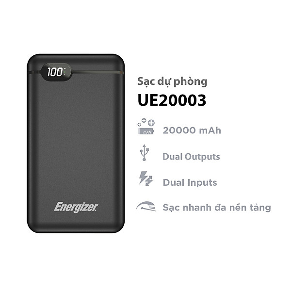 Sạc dự phòng Energizer 20,000mAh/3.7V Li-Polymer -tích hợp 2 cổng Output USB-A tiện dụng giúp sạc cùng lúc 2 thiết bị – UE20003 – Hàng chính hãng