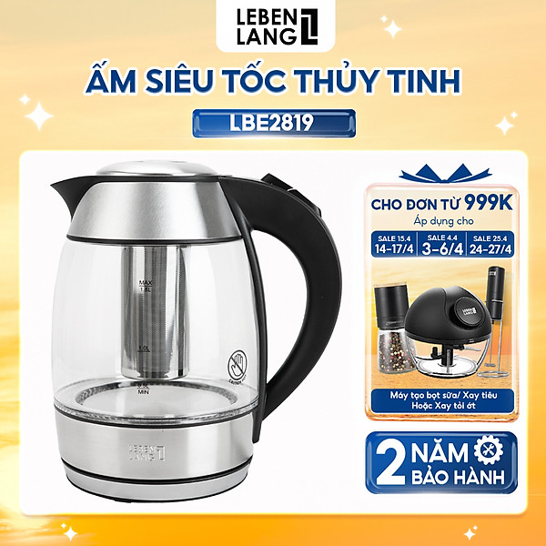 Ấm siêu tốc thuỷ tinh Lebenlang LBE2819, dung tích 1800ml, bảo hành 2 năm - hàng chính hãng