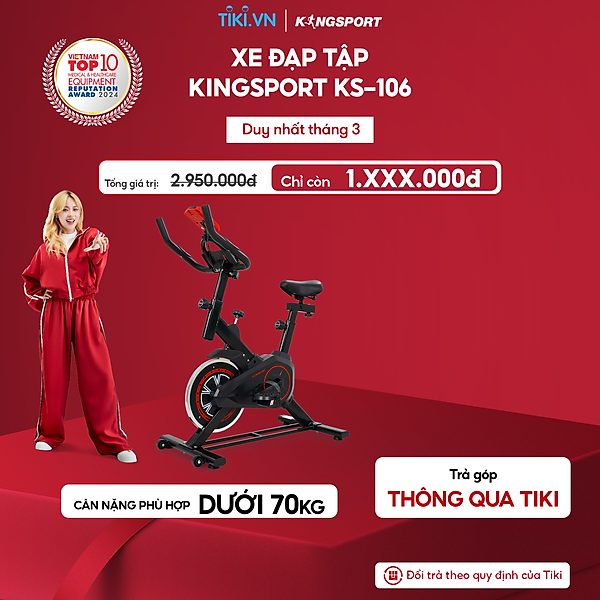 Xe đạp tập KINGSPORT KS-106 khung, khung sườn chắc chắn, tích hợp đồng hồ đo lường chỉ số, cân nặng phù hợp từ dưới 70kg