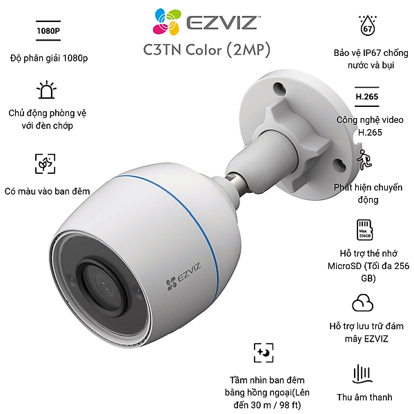 Camera IP Wifi EZVIZ C3TN 2MP (Color Night ) - ngoài trời, có màu ban đêm NEW H265 - Hàng chính hãng