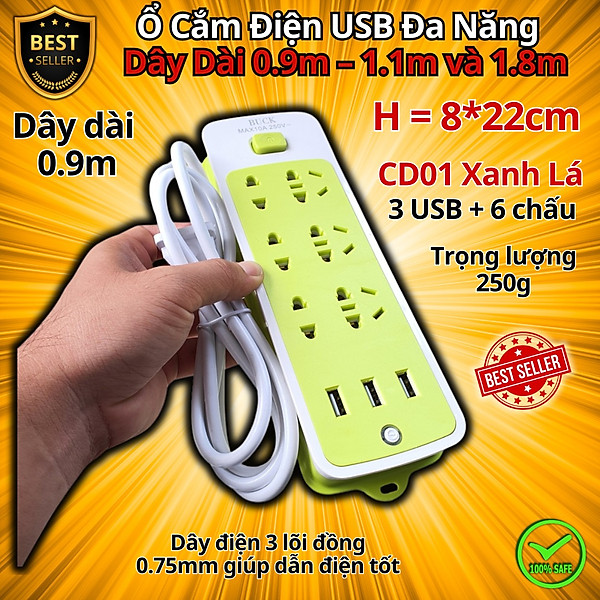 Ổ Cắm Điện USB Đa Năng Cao Cấp Chống Giật Dây Dài 0.9m – 1.1m và 1.8m, Ổ Cắm Điện Công Suất 2500W Có Chốt An Toàn Tiện Lợi, Chính Hãng