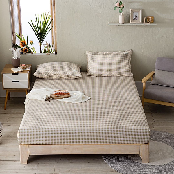 Bộ Ga Gối Cotton Tici Kẻ LIDACO Cao Cấp - Caro Nâu Nhạt