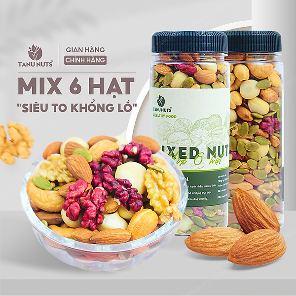 Hạt dinh dưỡng mix 6 loại TANU NUTS hũ 500g hạt ngũ cốc cho bà bầu gồm macca, óc chó, hạnh nhân, bí xanh, điều