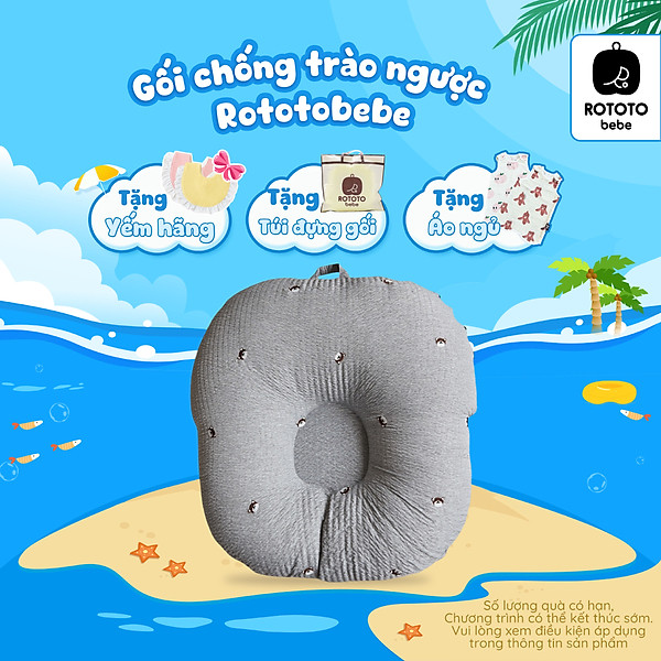 Gối chống trào ngược cho bé Rototo Bebe chữ C cao cấp, chất liệu đặc biệt Ripple gợn sóng (Ghi họa tiết gấu)