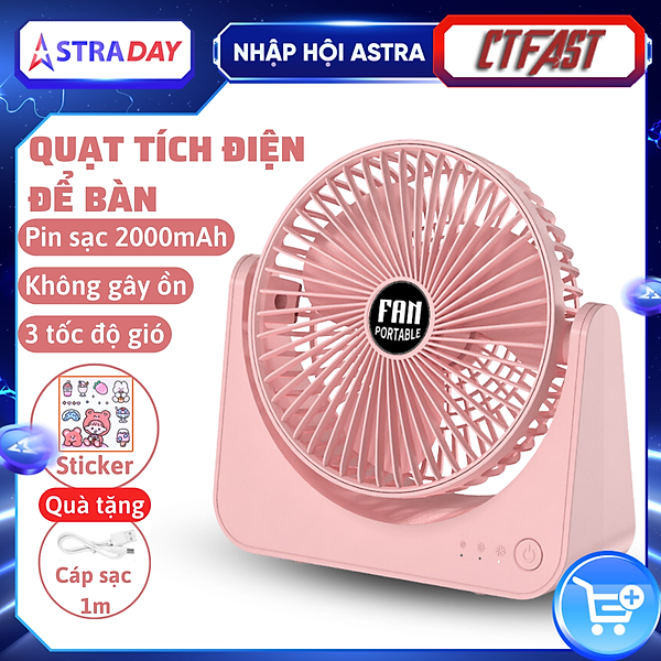 Quạt tích điện để bàn CTFAST F101, quạt mini văn phòng không gây ồn, 3 tốc độ gió, điều chỉnh 270 độ, tặng kèm sticker trang trí, sạc USB - Hàng chính hãng