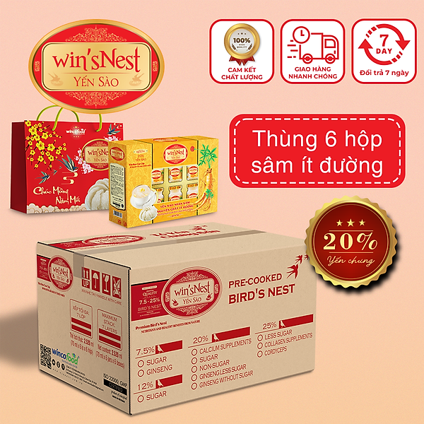 Yến Sào win'sNest Tổ Yến Chưng Sẵn 20% Nhân Sâm Ít Đường (6 Lọ/Hộp) Món quà sức khỏe KÈM TÚI