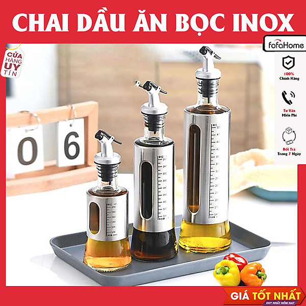 Chai Đựng Dầu Ăn Nước Mắm, Bình Thủy Tinh Bọc Inox Cao Cấp Chai Đựng Gia Vị Thủy Tinh Bọc Inox 304,Bình Rót Dầu Ăn, Nước Tương, Nước Mắm 200/300/500ml