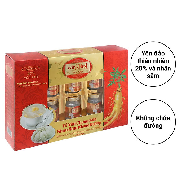 Yến Sào Win'snest Tổ Yến Chưng Sẵn Nhân Sâm Không Đường 20% (6 Lọ/Hộp) thích hợp cho người lớn, người bệnh đang trong quá trình phục hồi sức khỏe, người ăn kiêng và tiểu đường.