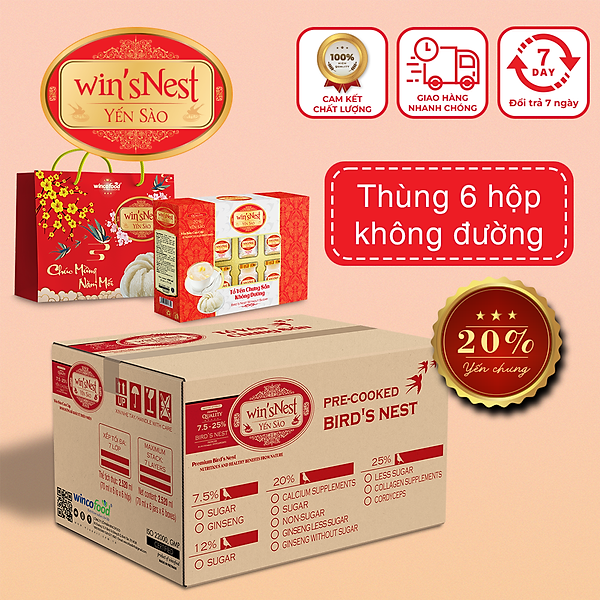 Yến Sào win'sNest Tổ Yến Chưng Sẵn 20% Không Đường (6 Lọ/Hộp) kèm túi