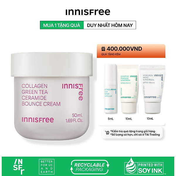 Kem dưỡng giúp làm mờ các dấu hiệu lão hóa trên da INNISFREE Collagen Green Tea Ceramide Bounce Cream 50mL