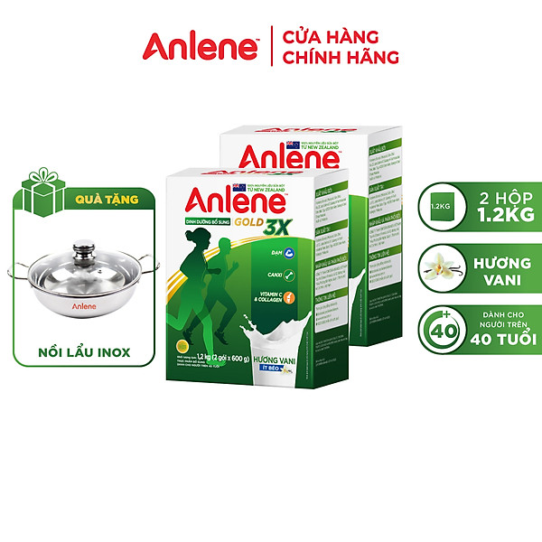 Combo 2 Sữa Bột Anlene Gold 3X Hương Vanilla (Hộp giấy 1200g) - Tặng nồi lẩu inox