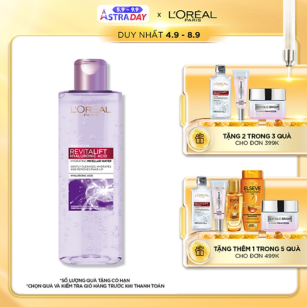 Nước tẩy trang siêu cấp ẩm & Giảm nếp nhăn L’Oreal Paris Pure Revitalift Hyaluronic Acid 1.5% 400ml