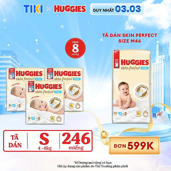 Combo 3 gói Tã/bỉm dán sơ sinh Huggies Skin Perfect S 80+2 miếng với 2 vùng thấm giảm kích ứng da