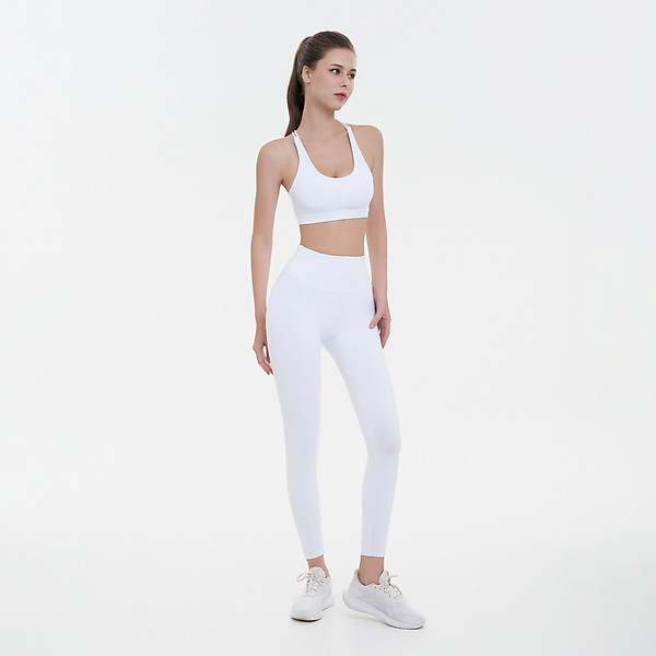 Set đồ tập yoga gym Luxury Hibi Sports H145 4 dây đan VX, màu Trắng kèm mút ngực, vải cao cấp Hi Fabric