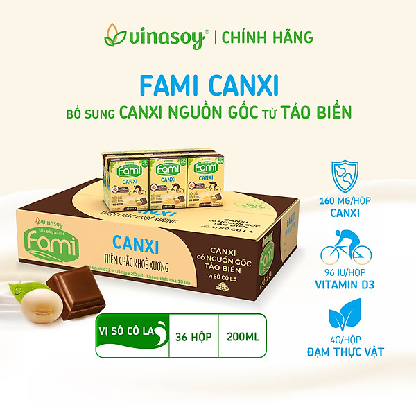 Thùng sữa đậu nành Fami Canxi Vị sô cô la hộp (200ml x 36 hộp)