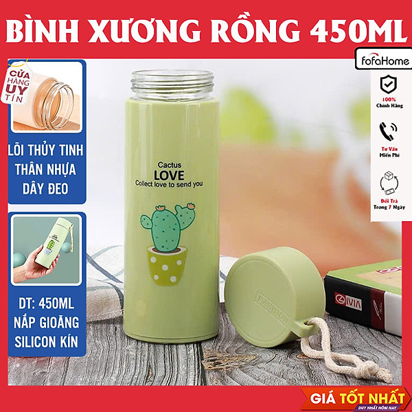 Bình Đựng Nước Lõi Thủy Tinh Họa Tiết Xương Rồng Dễ Thương Dung Tích 450ml - Bình Giữ Nhiệt In Hình Xương Rồng 450ml Lõi Thủy Tinh Bọc Và Nhựa Lúa Mạch Có Dây Sách Tiện Dụng - Giao Màu Ngẫu Nhiên