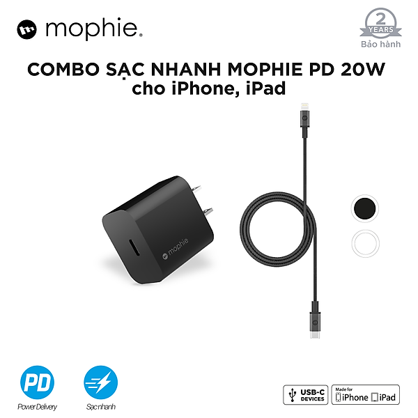 Combo sạc nhanh Mophie Power Delivery 20W USB-C – Cáp Mophie C to lightning 1M – Hàng chính hãng