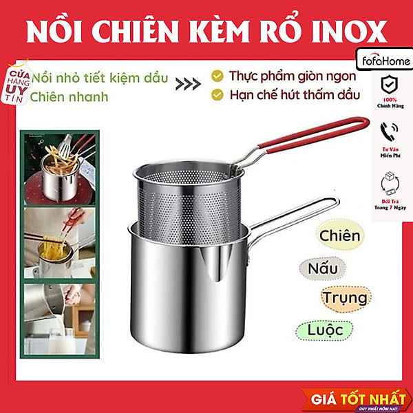 Nồi Chiên Nhúng Ngập Dầu Inox 304, Bộ Nồi Kèm Rổ Lọc Dầu 2 IN 1 Không Gỉ