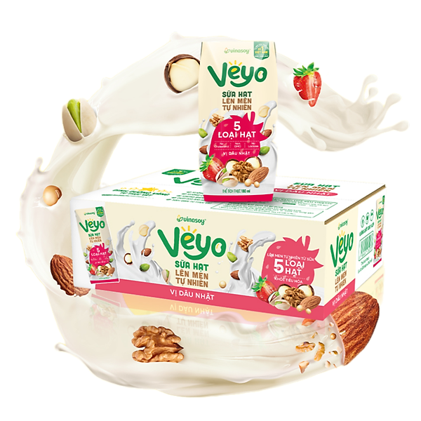 Thùng Veyo Sữa hạt lên men tự nhiên Vị Dâu Nhật (30hộp x 180ml)